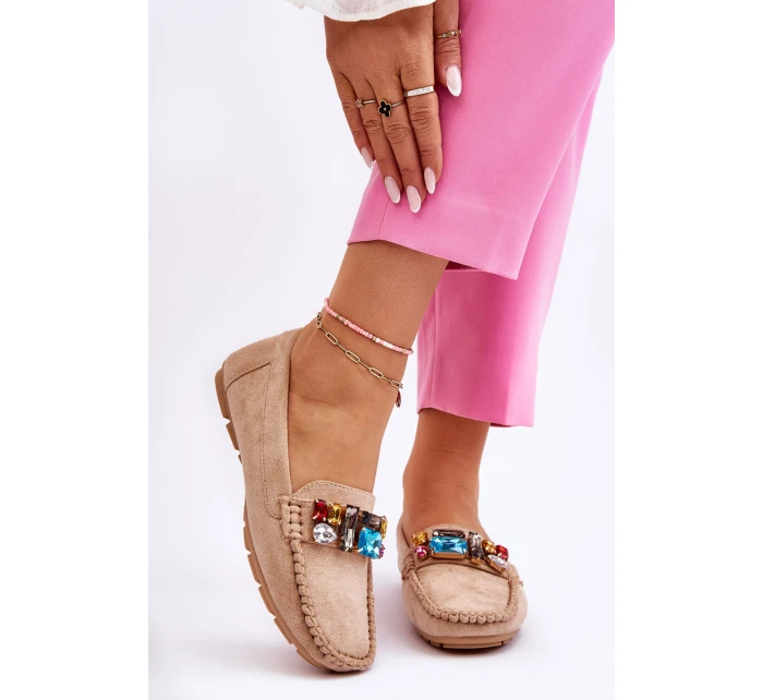 Dámské semišové mokasíny s krystaly Béžove model 21612163 - EVENTO
