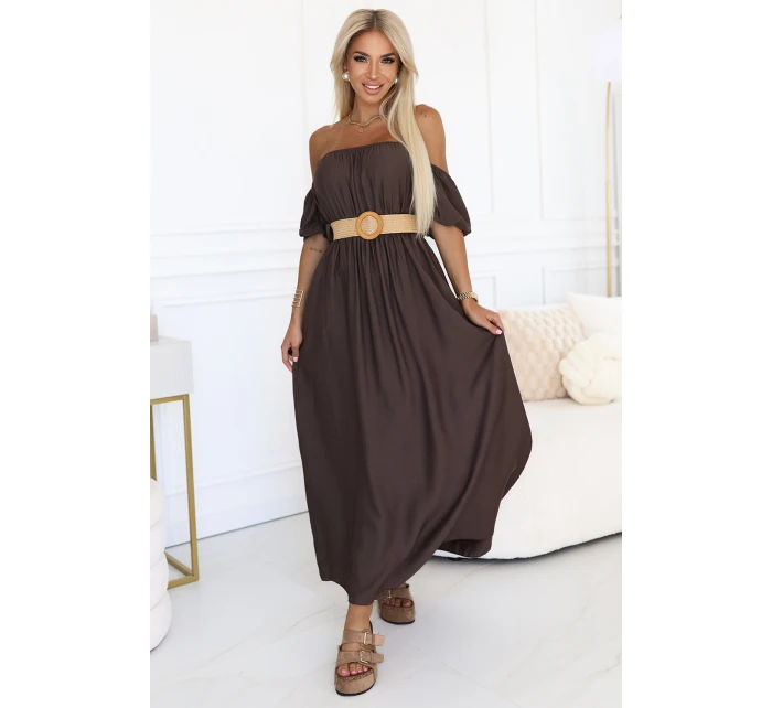 model 21229982 Maxi šaty v boho stylu s odhalenými rameny a páskem CHOCOLATE - numoco basic