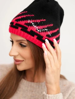 Dámská zimní čepice z vlny s geometrickým vzorem a kamínky K469 černá + fuchsie
