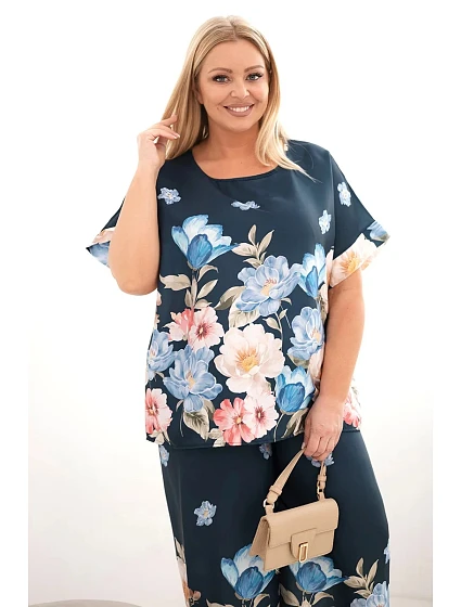 Dámský komplet Plus Size s halenkou a kalhotami s květinovým vzorem a širokými nohavicemi model 22069961 - K-Fashion