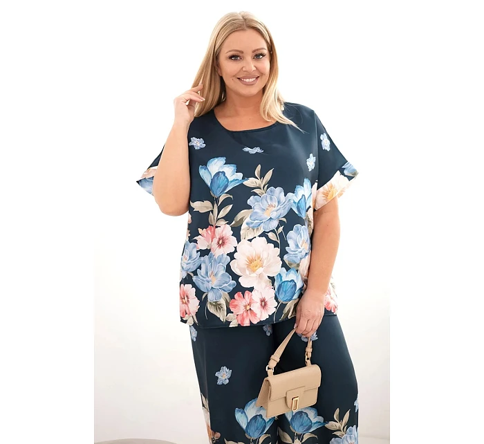 Dámský komplet Plus Size s halenkou a kalhotami s květinovým vzorem a širokými nohavicemi model 22069961 - K-Fashion