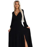 Černé dlouhé lesklé dámské šaty s výstřihem a dlouhými rukávy model 20620011 - numoco