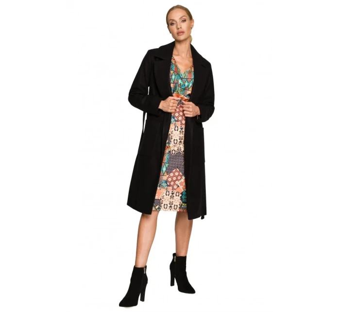 M708 Fleecový kabát s páskem a kapsami - černý