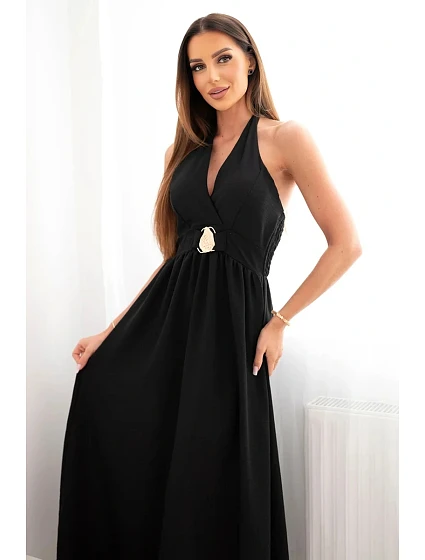 Dámské viskózové maxi šaty vázané na krku s ozdobnou sponou černá Dámské viskózové maxi šaty vázané na krku s ozdobnou sponou černá