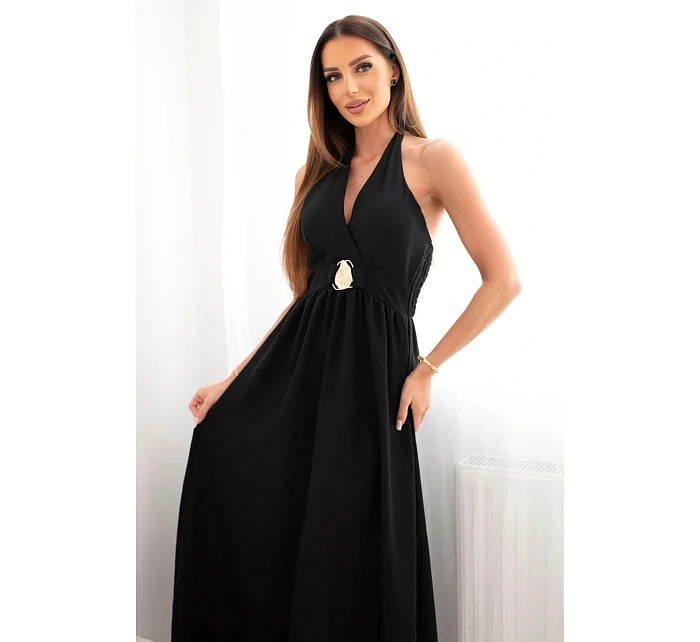 Dámské viskózové maxi šaty vázané na krku s ozdobnou sponou černá Dámské viskózové maxi šaty vázané na krku s ozdobnou sponou černá