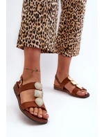 Dámské Ploché Sandály S Ozdobami Sergio Leone SK072H Hnědé Dámské Ploché Sandály S Ozdobami Sergio Leone SK072H Hnědé