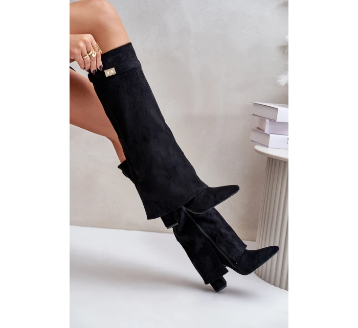 Dámské zateplené kozačky na sloupkovém podpatku s vyhrnutou holení Evyra – béžové, eko semiš