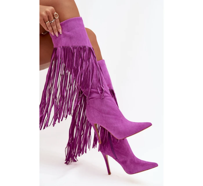 Dámské kozačky na jehlovém podpatku s třásněmi fialové Isalune Dámské kozačky na jehlovém podpatku s třásněmi fialové Isalune