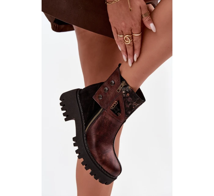 Kožené zateplené kotníkové boty na platformě a plochém podpatku Maciejka 06140-02 hnědé