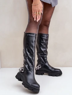 Kozačky na plochém podpatku s řetězem černé Nauricette