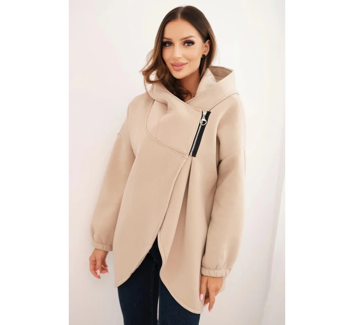Dámská mikina s kapucí a asymetrickým zipem béžová