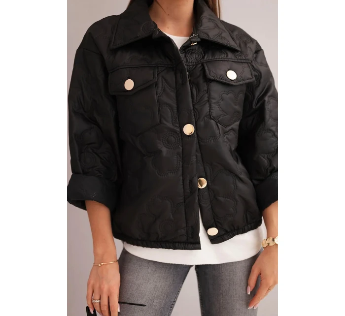 Dámská model 21890038 prošívaná bunda s květinovým vzorem černá - K-Fashion