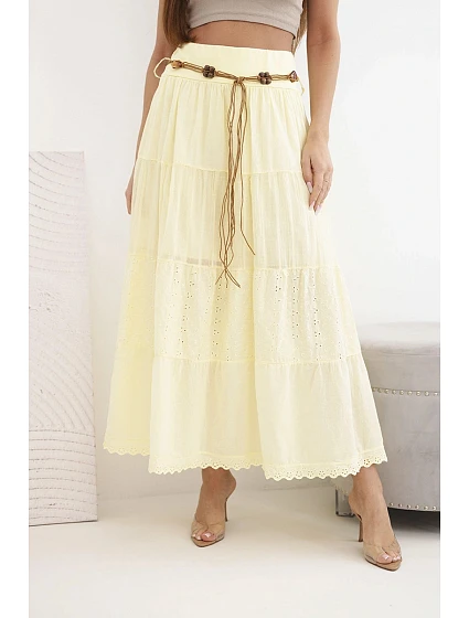 Dámská maxi bavlněná sukně s ažurovou výšivkou a elastickým pásem žlutá