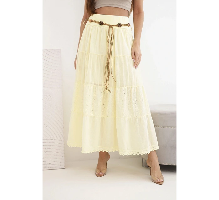 Dámská maxi bavlněná sukně s ažurovou výšivkou a elastickým pásem žlutá