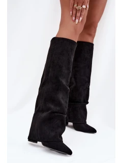 Zateplené dámské kozačky s  lemem na podpatku ekologické semišové černé model 21707825 - Boto