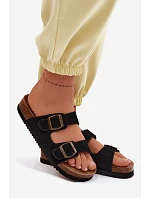 Kožené semišové dámské pantofle s přezkami černé model 22125572 - Boto