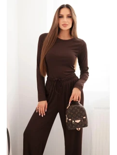 Dámský viskózový komplet s blůzou a širokými kalhotami hnědý