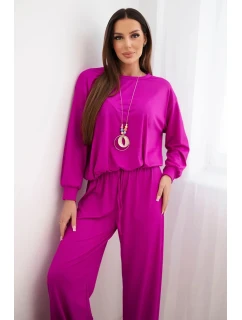 Dámská souprava viskózová mikina s přívěskem a široké kalhoty tmavě fialový