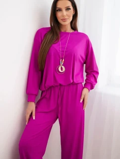 Dámská souprava viskózová mikina s přívěskem a široké kalhoty tmavě fialový