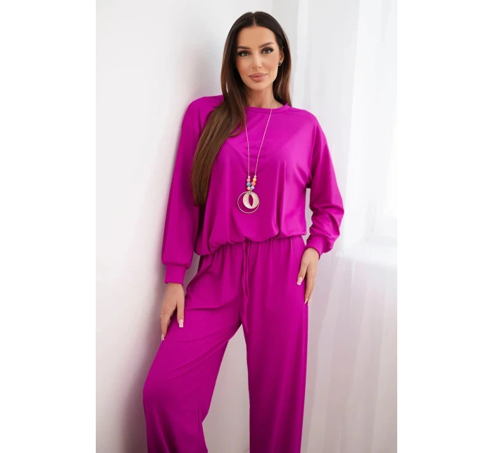 Dámská souprava viskózová mikina s přívěskem a široké kalhoty tmavě fialový