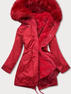 Červená dámská zimní bunda parka s kapucí a s odepínací podšívkou (7600)