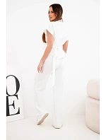 Dámský komplet model 22048829 s halenkou s krátkým rukávem a širokými kalhotami ecru - K-Fashion