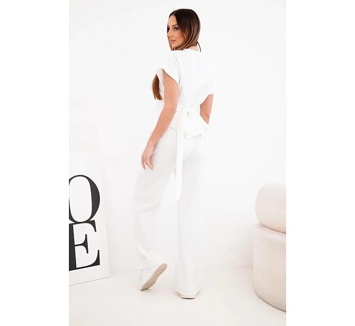 Dámský komplet model 22048829 s halenkou s krátkým rukávem a širokými kalhotami ecru - K-Fashion