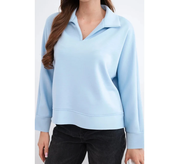 Dámská máslová mikina z viskózy s límečkem a výstřihem do V modrá