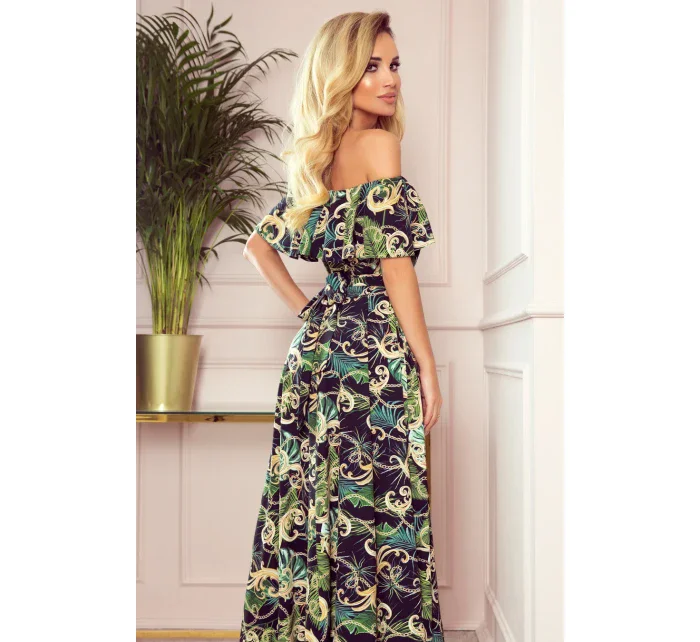 Dlouhé dámské šaty se španělským výstřihem a vzorem zelených listů a zlatých řetízků 194-4