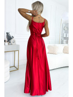 JULIET - Elegantní dlouhé červené saténové dámské šaty s výstřihem a rozparkem na noze 512-5