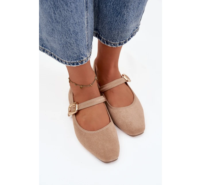 Baleríny s páskem a zlatým sponou Eko semiš Béžové Adelora