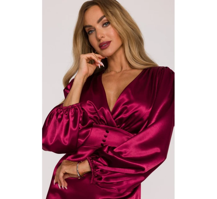 Saténové mini šaty s rukávy bordó model 21479297 - Moe