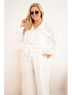 Dámský komplet Plus Size s košilí a širokými kalhotami ecru