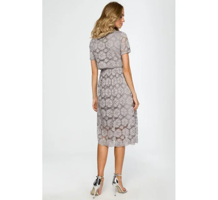 M405 Krajkové midi šaty s výstřihem - šedé