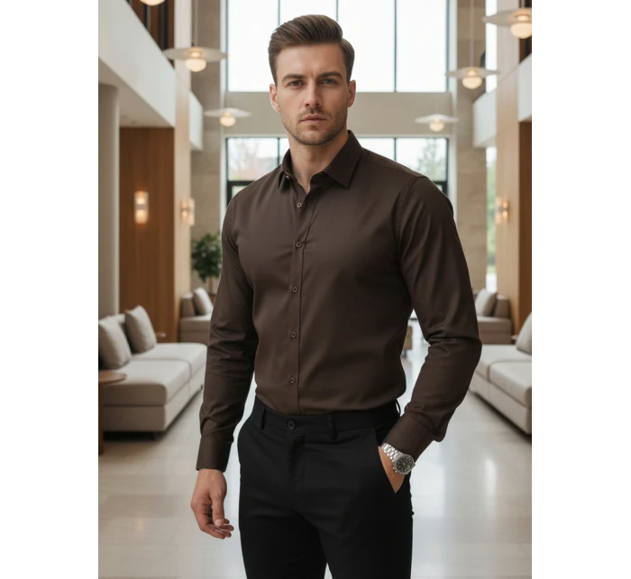 Pánská elegantní hladká tmavě hnědá košile SLIM FIT FashionStreet DX2679 Pánská elegantní hladká tmavě hnědá košile SLIM FIT FashionStreet DX2679