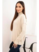 Dámský svetr z viskózy s model 21410342 polo límcem a volným střihem béžový - K-Fashion Dámský svetr z viskózy s model 21410342 polo límcem a volným střihem béžový - K-Fashion