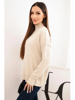 Dámský svetr z viskózy s model 21410342 polo límcem a volným střihem béžový - K-Fashion