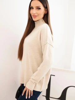 Dámský svetr z viskózy s model 21410342 polo límcem a volným střihem béžový - K-Fashion