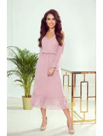 Dámské šifonové midi šaty ve špinavě růžové barvě s výstřihem a volánkem 304-1