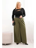 Dámské kalhoty Plus Size s širokou nohavicí a páskem khaki