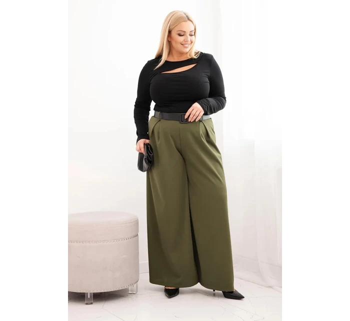 Dámské kalhoty Plus Size s širokou nohavicí a páskem khaki