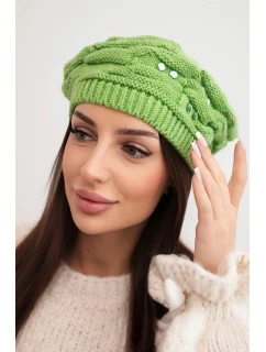 Dámská zimní čepice s ozdobným pletením a krystalky K398 pistáciová