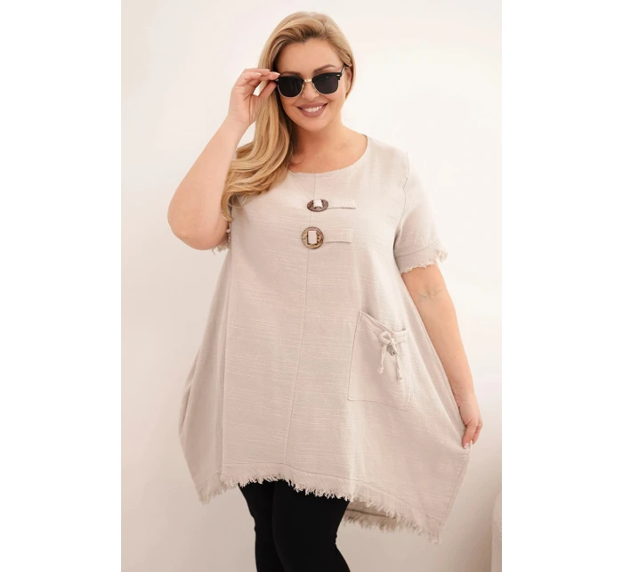 Dámské bavlněné šaty Plus Size s delším zadním dílem a kapsou béžová