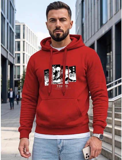 Pánská mikina s kapucí a potiskem TOKYO, červená, FashionStreet NX5146BX