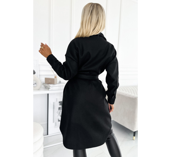 Teplý černý dámský kabát s kapsami, knoflíky a zavazováním v pase 493-2
