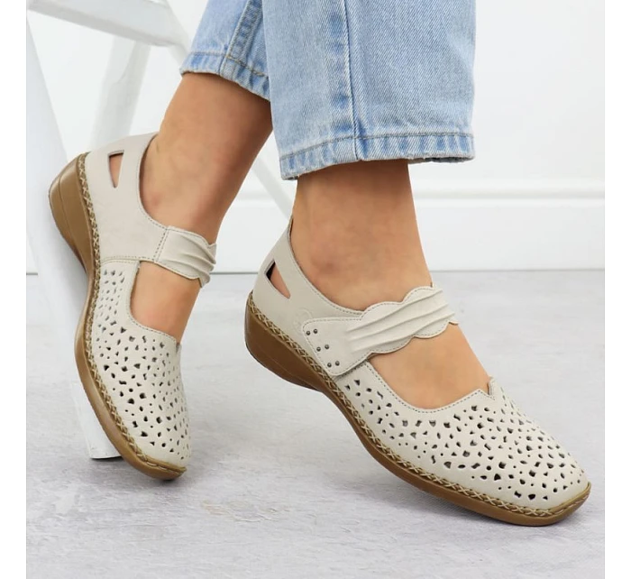 Dámská kožená prolamovaná obuv na suchý zip béžové barvy Rieker 41399-14