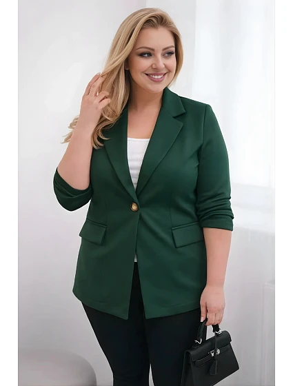 Dámské sako z viskózy Plus Size s dlouhým rukávem a límcem tmavě zelené