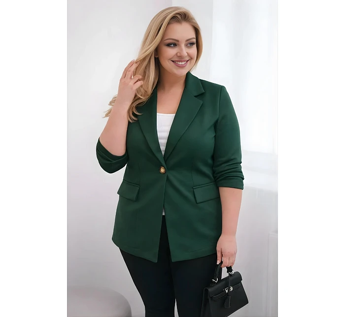Dámské sako z viskózy Plus Size s dlouhým rukávem a límcem tmavě zelené