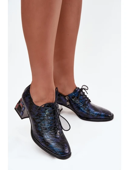 Kožené lakované dámské lodičky na podpatku s krystaly model 21710419 tmavě modré - Artiker