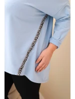 Dámská košile Plus Size bavlněná s ohrnovaným rukávem a leopardím pruhem modrá